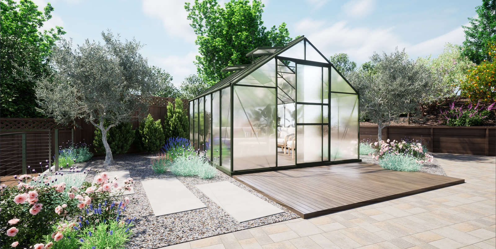 Glass greenhouse on a wood deck surrounded by olive trees, roses, lavender and pink rose beds beside a stone patio, rendered in Landscape Creator