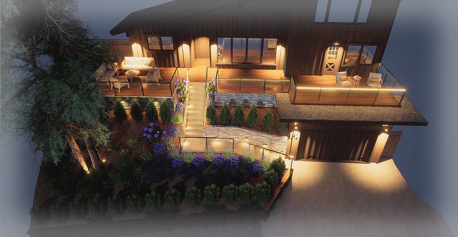 Dusk overview of a whole terraced garden design with furnished deck levels and the lighting design visible, as a client sees it in the browser