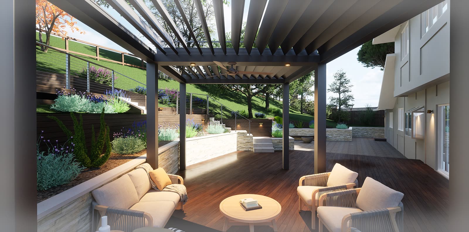 Louvered black pergola over lounge seating with layered lavender and sage planting, terraced hillside and cable-rail stairs behind, rendered in Landscape Creator