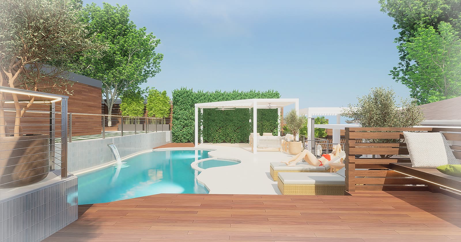 Freeform pool with a sheer-descent waterfall, white cabana, loungers and ipe deck framed by hedge walls in bright daylight, rendered in Landscape Creator
